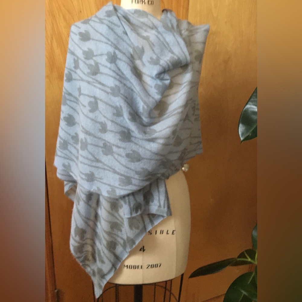 Pure Cashmere light blue/ grey flower print cashmere shawl.